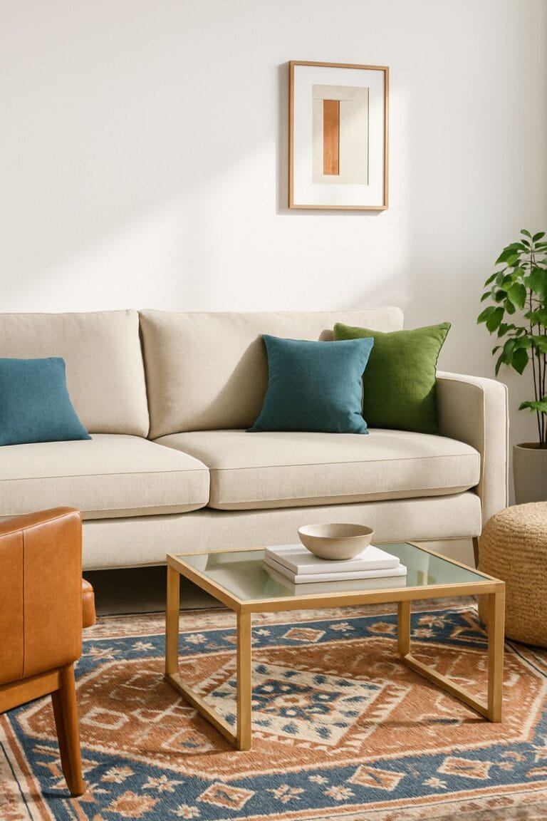 textured rug neutral sofa and glass coffee table